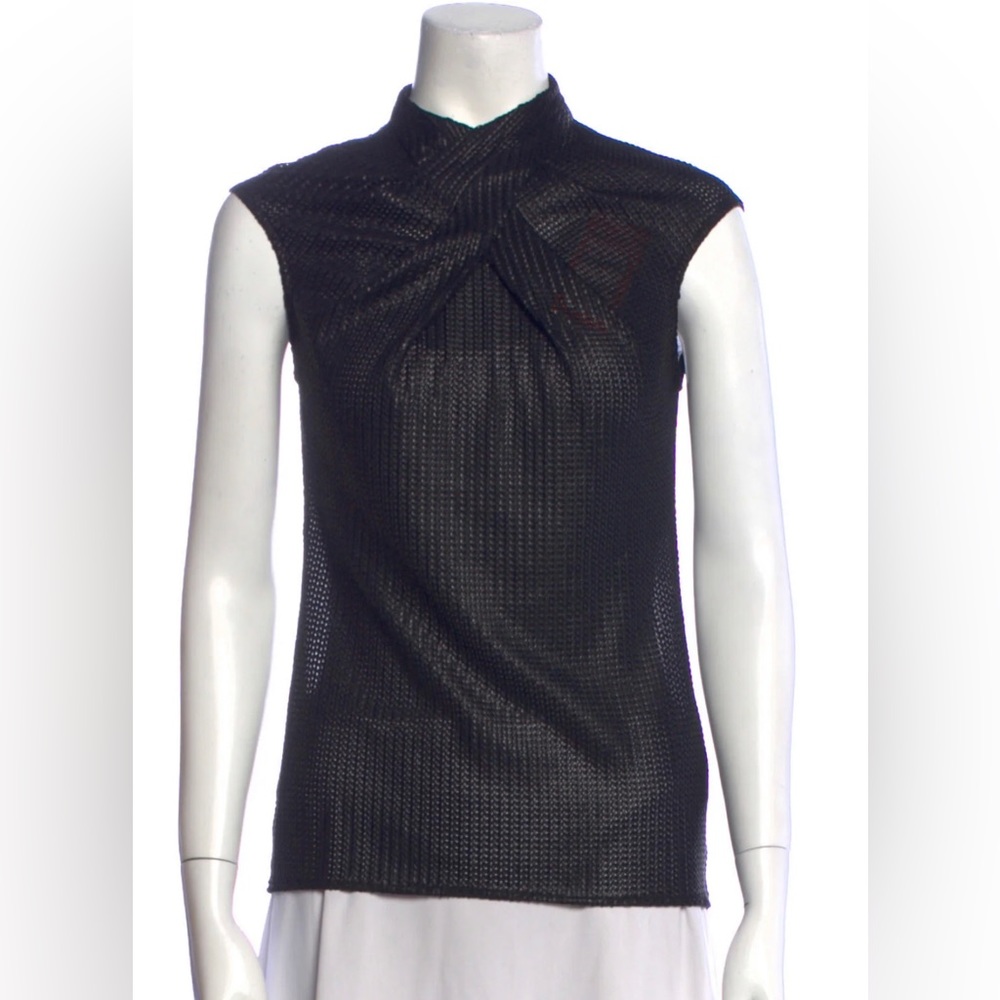 KAREN MILLEN Mock Neck woven sheer back Sleeveless Top black size 6